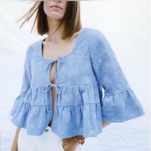 Zara | Light Blue | Tie-Front | Peplum | Ruffle
Blouse Top | Cardigan | Size L